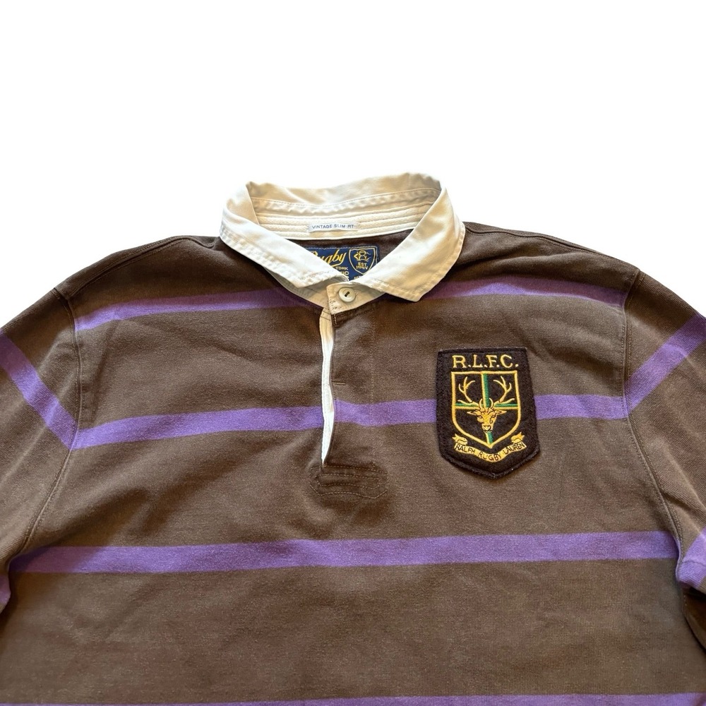 Rugby Ralph Lauren Mens XL Brown Purple Striped Long Sleeve Crest Rugby Shirt